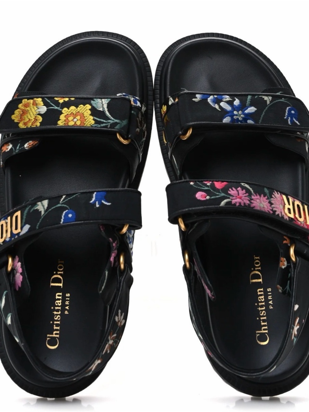 Dior Black Kids Floral Strap Sandals with Multicolor Embroidery
